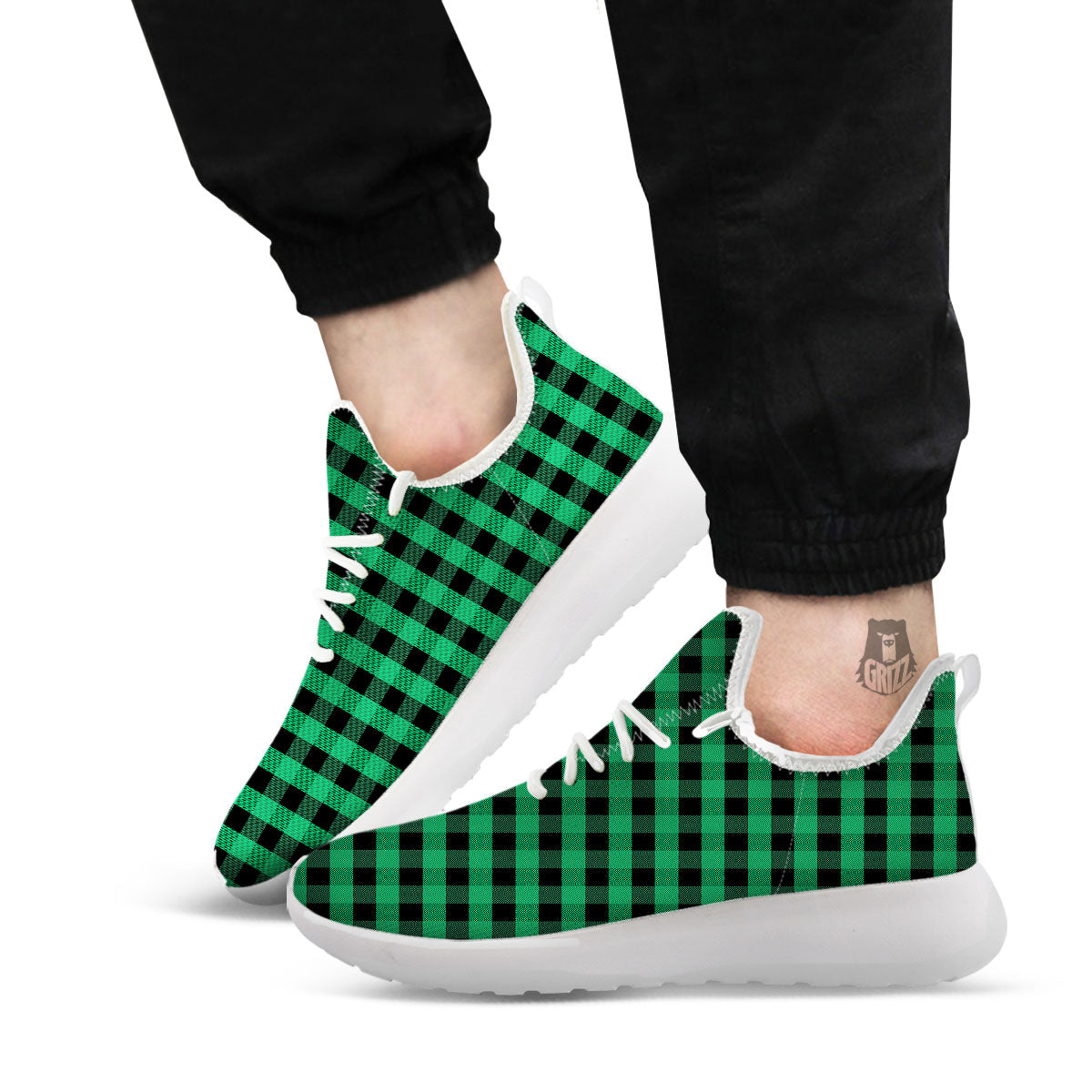 Buffalo Check Green Print Pattern White Athletic Shoes-grizzshop