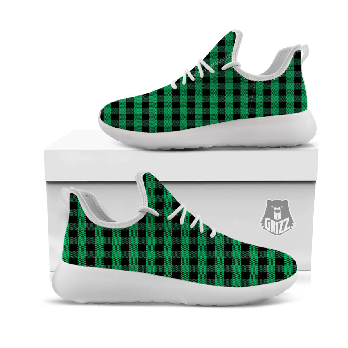 Buffalo Check Green Print Pattern White Athletic Shoes-grizzshop