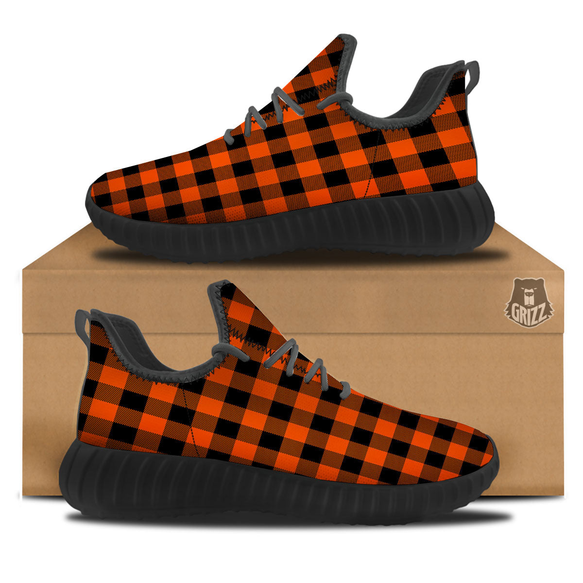 Buffalo Check Lava Orange Print Pattern Black Walking Shoes-grizzshop