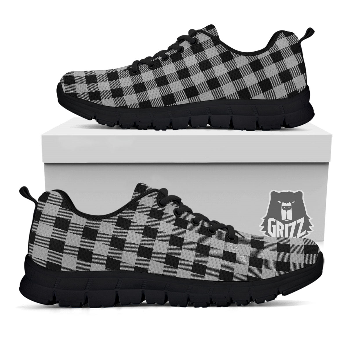 Buffalo Check Light Grey And Black Print Black Sneaker-grizzshop