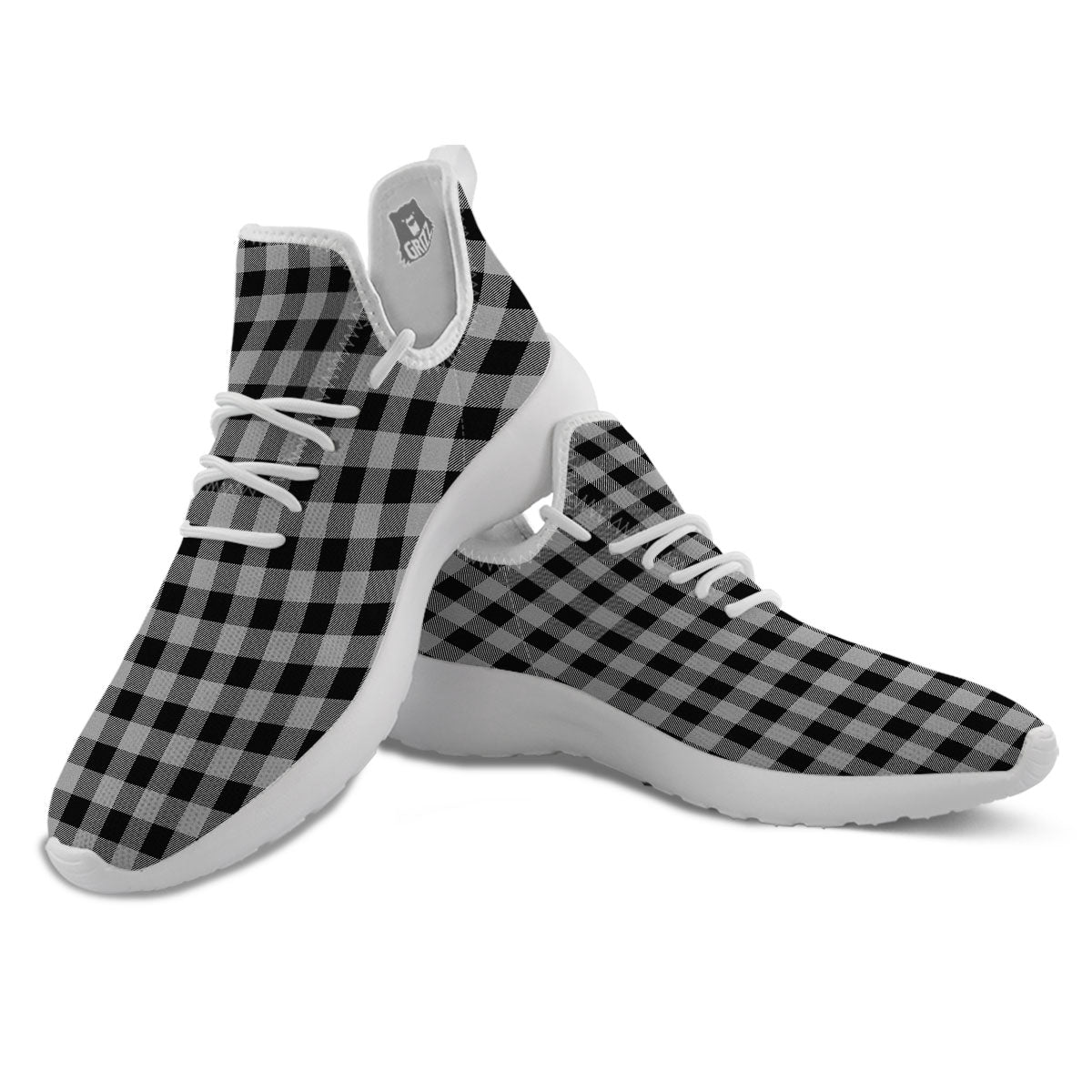 Buffalo Check Light Grey And Black Print White Athletic Shoes-grizzshop