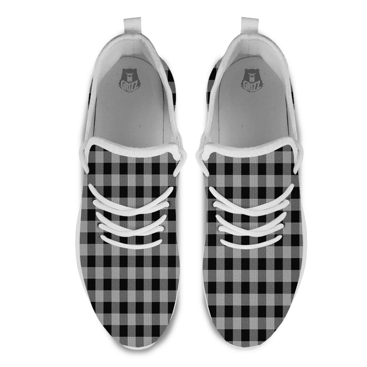 Buffalo Check Light Grey And Black Print White Athletic Shoes-grizzshop