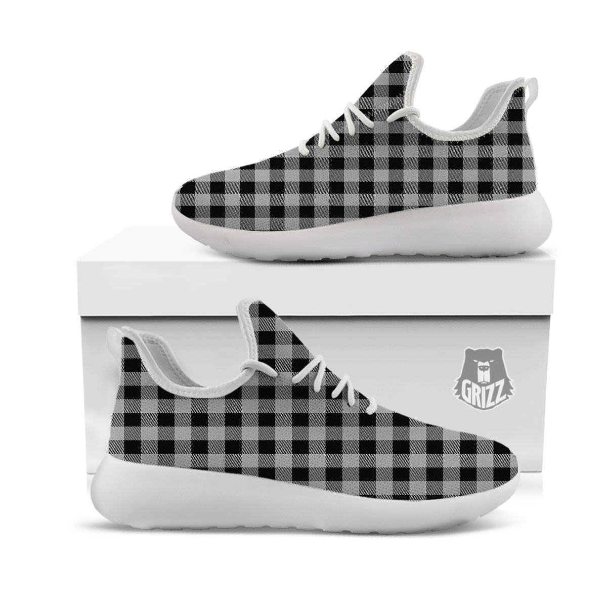 Buffalo Check Light Grey And Black Print White Athletic Shoes-grizzshop