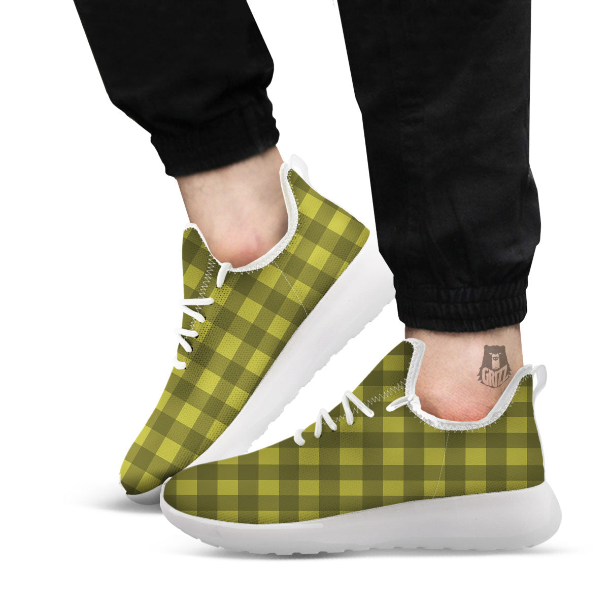 Buffalo Check Olive Green Print Pattern White Athletic Shoes-grizzshop