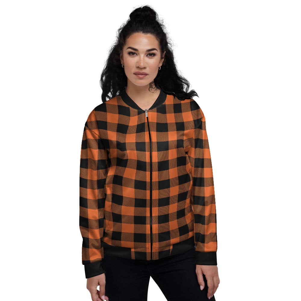 Buffalo Check Orange Print Pattern Women's Bomber Jacket-grizzshop