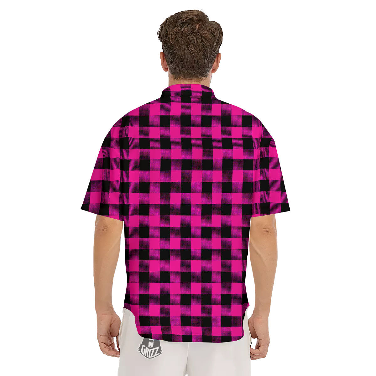 Buffalo Check Pink And Black Print Men's Short Sleeve Shirts-grizzshop