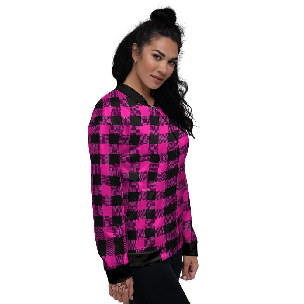 Buffalo Check Pink And Black Print Women's Bomber Jacket-grizzshop