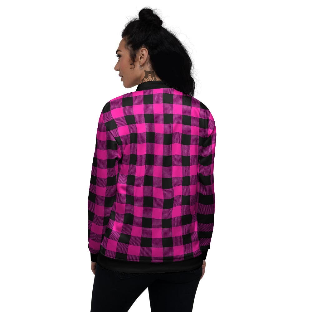 Buffalo Check Pink And Black Print Women's Bomber Jacket-grizzshop