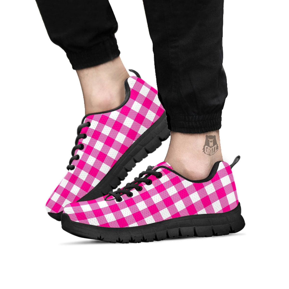 Buffalo Check Pink And White Print Black Sneaker-grizzshop