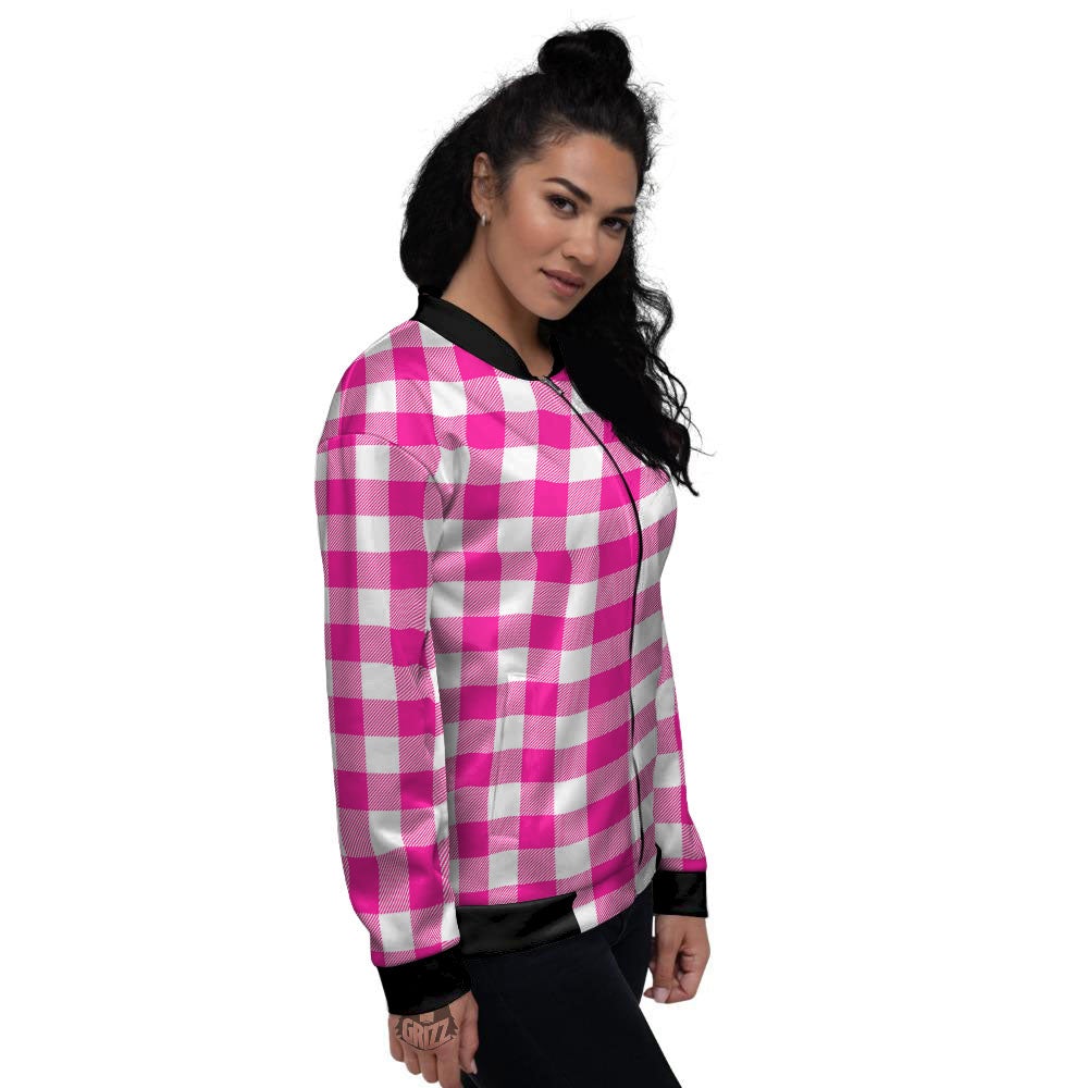 Buffalo Check Pink And White Print Women's Bomber Jacket-grizzshop
