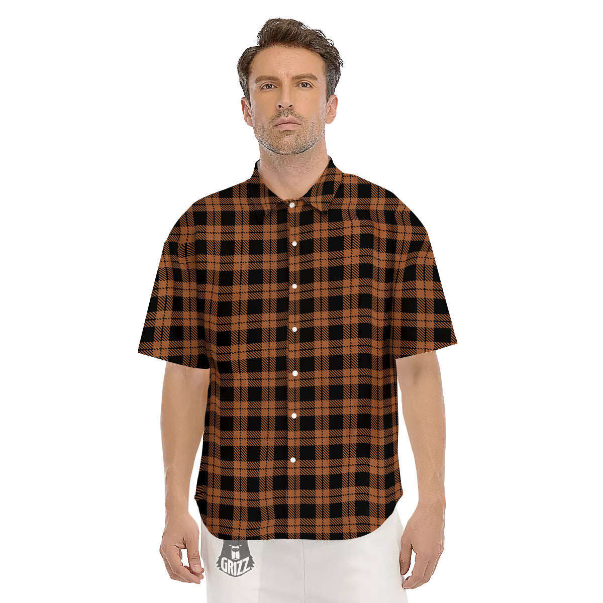 Buffalo Check Pumpkin Orange Print Men's Short Sleeve Shirts-grizzshop