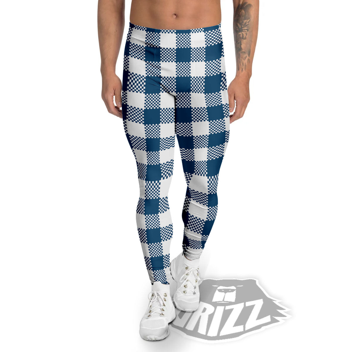 Buffalo Check White And Blue Print Men's Leggings-grizzshop