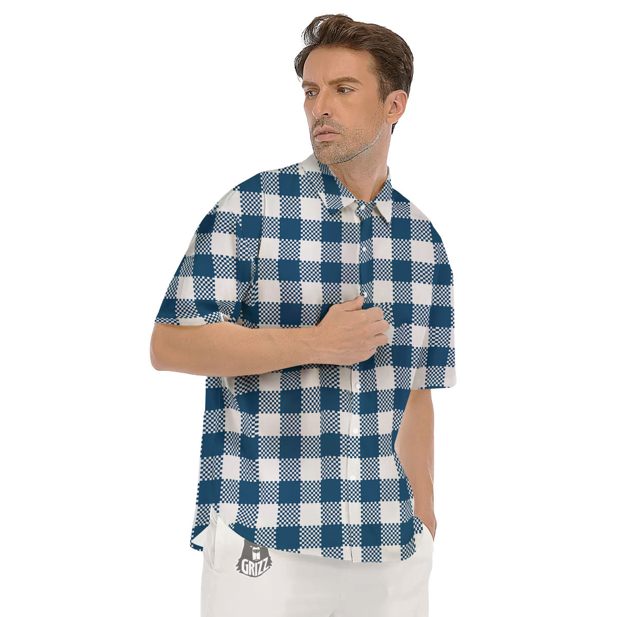 Buffalo Check White And Blue Print Men's Short Sleeve Shirts-grizzshop