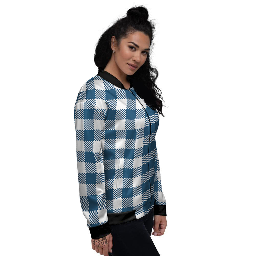 Buffalo Check White And Blue Print Women's Bomber Jacket-grizzshop