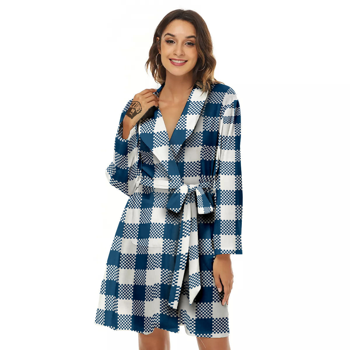 Buffalo Check White And Blue Print Women's Robe-grizzshop