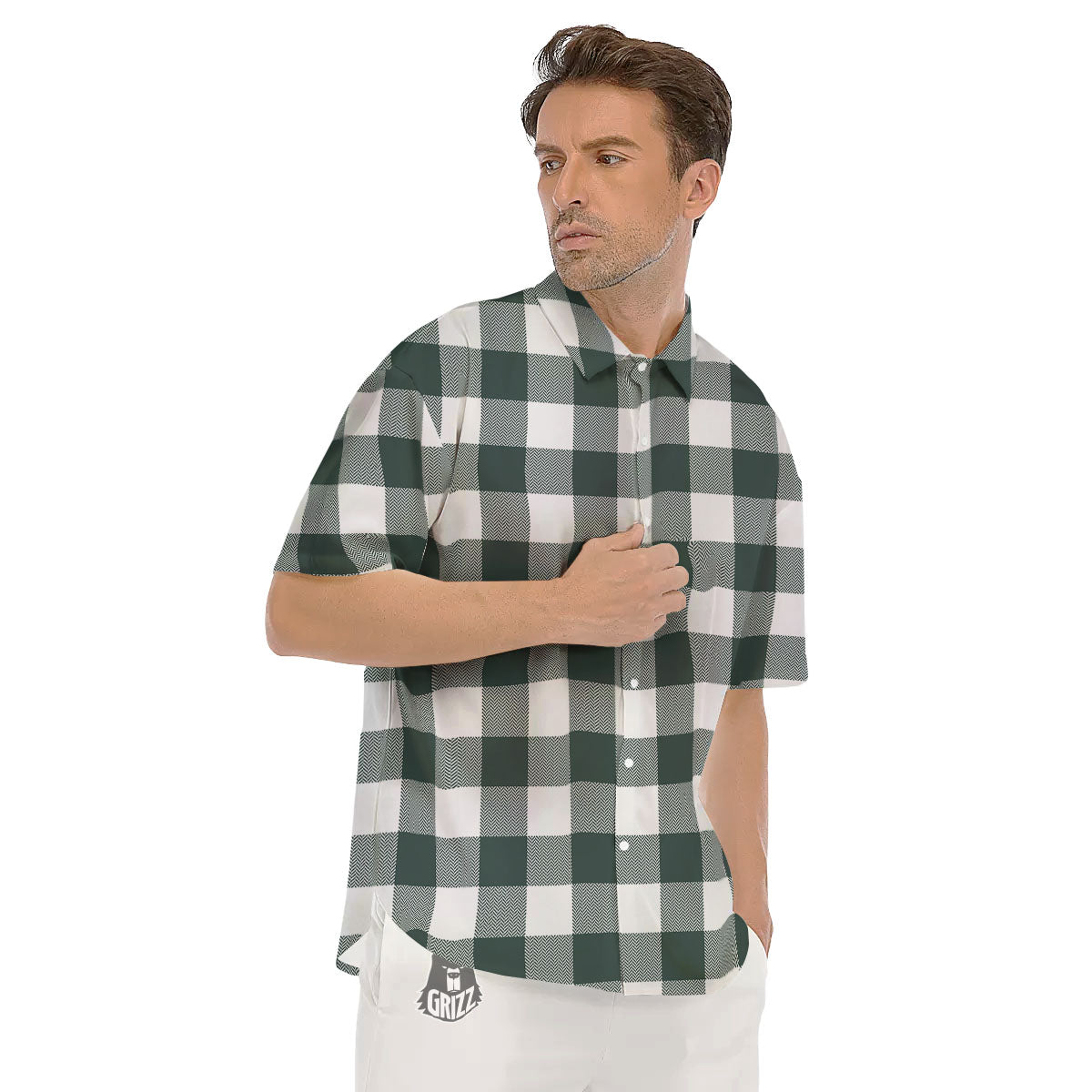 Buffalo Check White And Green Print Men's Short Sleeve Shirts-grizzshop