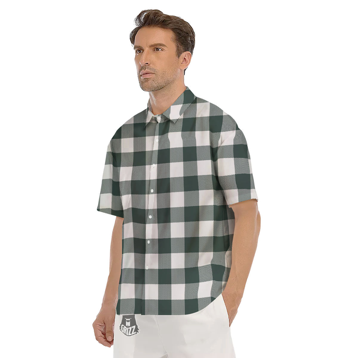 Buffalo Check White And Green Print Men's Short Sleeve Shirts-grizzshop