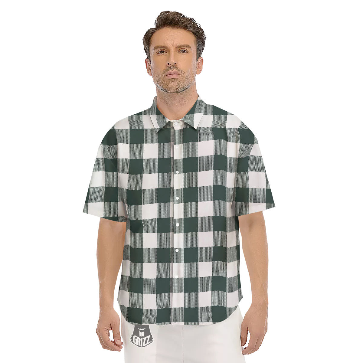 Buffalo Check White And Green Print Men's Short Sleeve Shirts-grizzshop