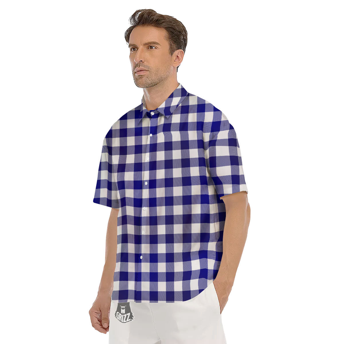 Buffalo Check White And Navy Print Men's Short Sleeve Shirts-grizzshop