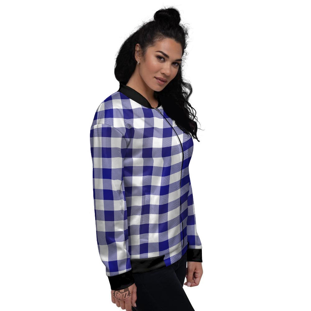 Buffalo Check White And Navy Print Women's Bomber Jacket-grizzshop