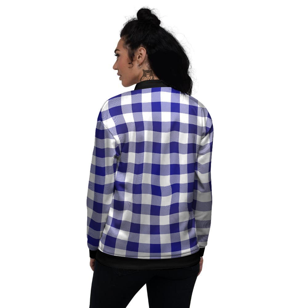 Buffalo Check White And Navy Print Women's Bomber Jacket-grizzshop