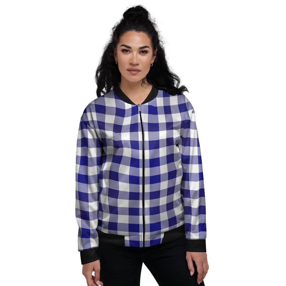 Buffalo Check White And Navy Print Women's Bomber Jacket-grizzshop