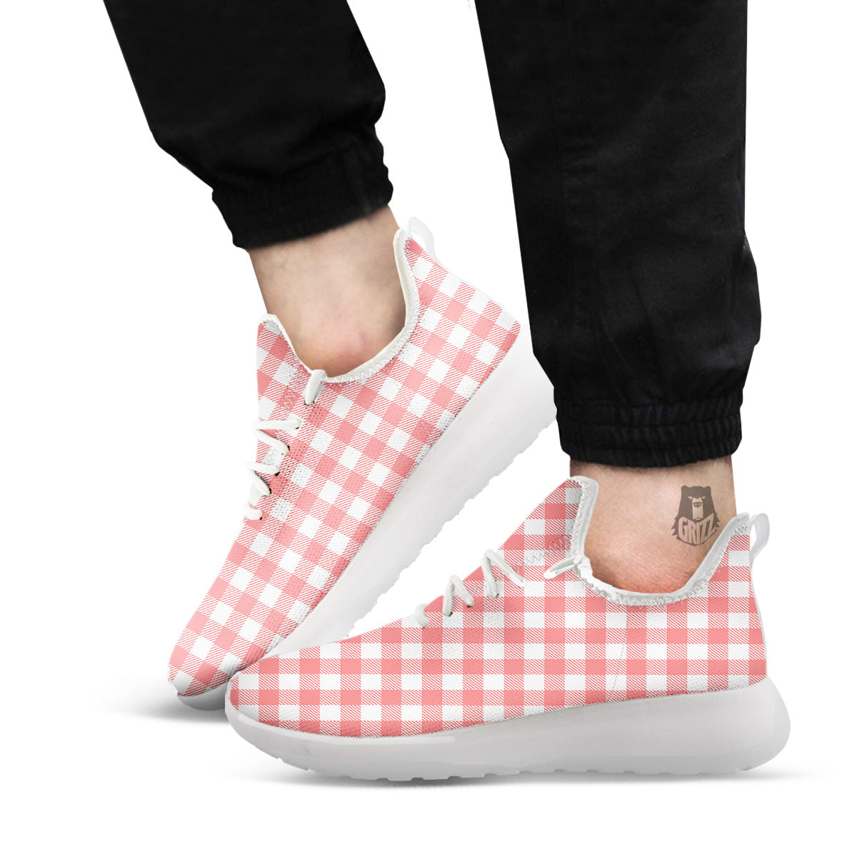 Buffalo Check White And Pink Print White Athletic Shoes-grizzshop