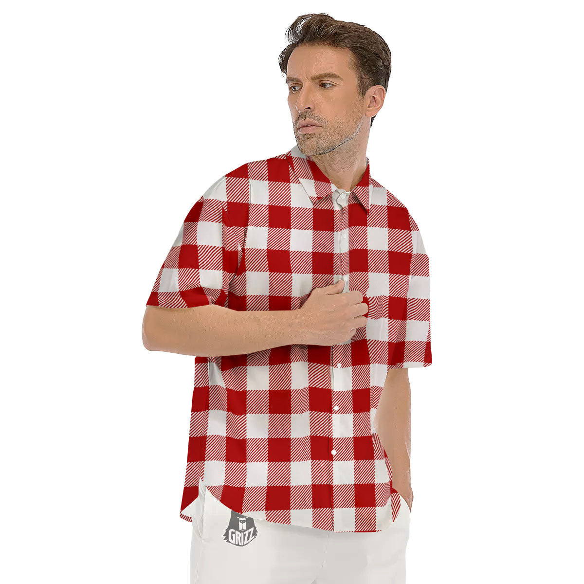 Buffalo Check White And Red Print Men's Short Sleeve Shirts-grizzshop