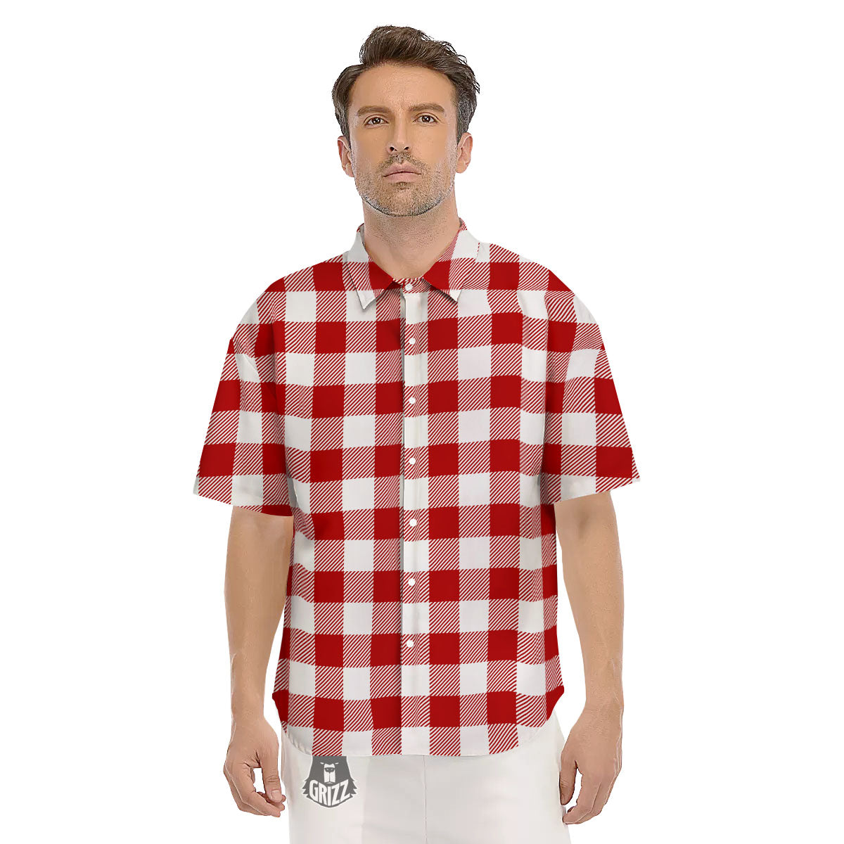 Buffalo Check White And Red Print Men's Short Sleeve Shirts-grizzshop