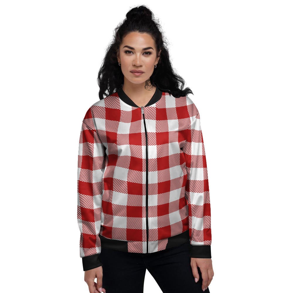Buffalo Check White And Red Print Women's Bomber Jacket-grizzshop