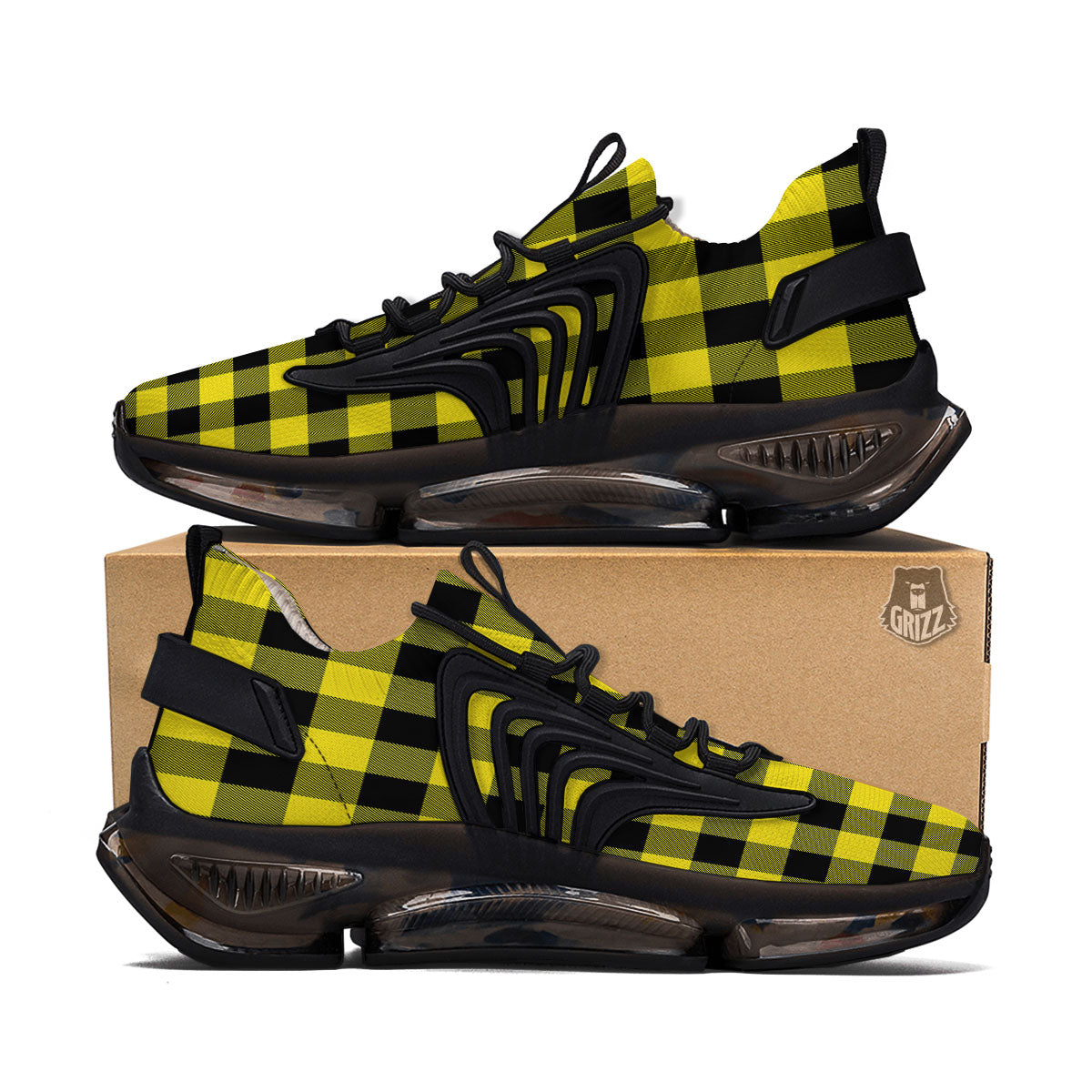 Buffalo Check Yellow And Black Print Pattern Black Gym Shoes-grizzshop
