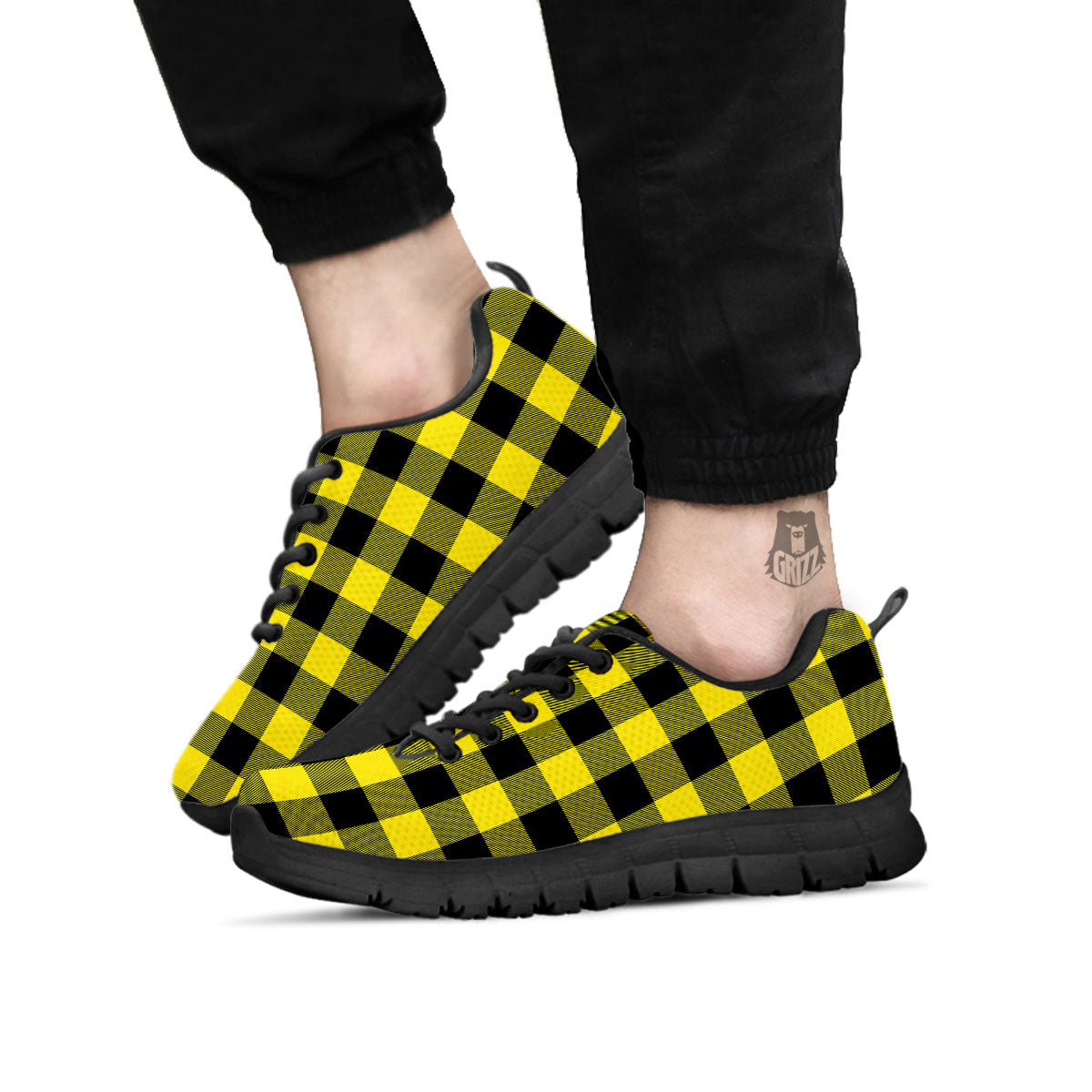 Buffalo Check Yellow And Black Print Pattern Black Sneaker-grizzshop