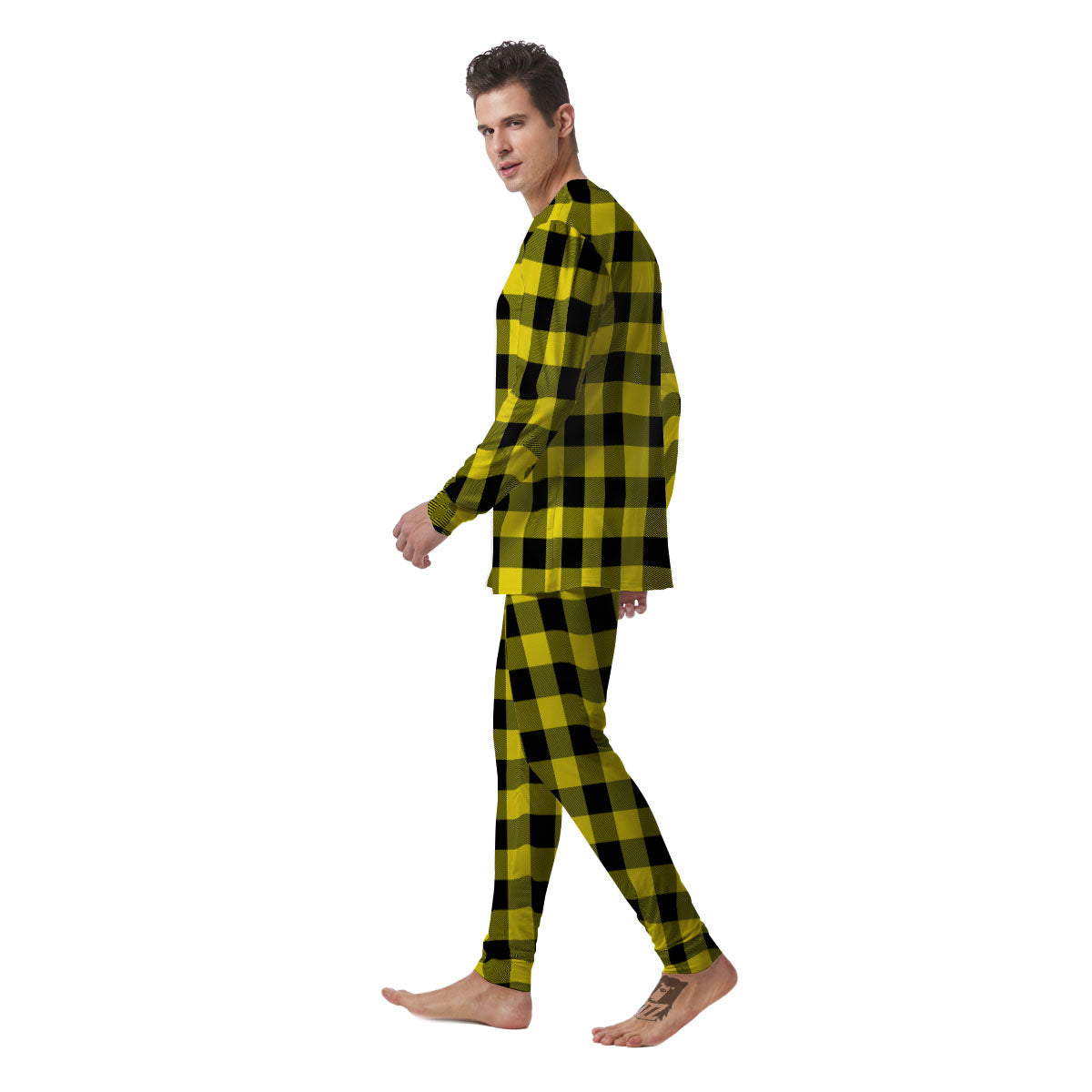 Buffalo Check Yellow And Black Print Pattern Men's Pajamas-grizzshop