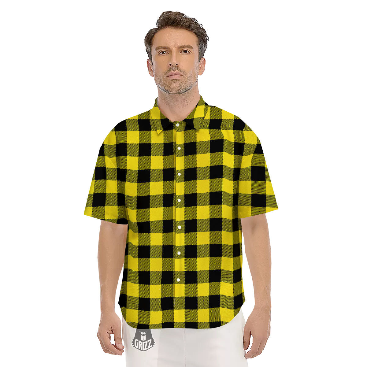 Buffalo Check Yellow And Black Print Pattern Men's Short Sleeve Shirts-grizzshop