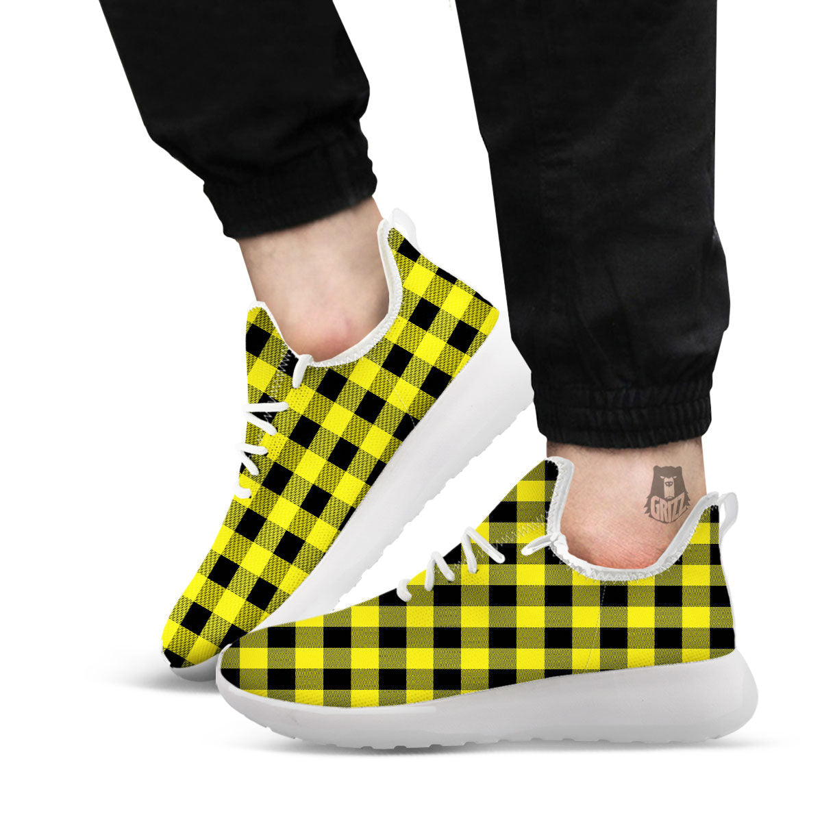 Buffalo Check Yellow And Black Print Pattern White Athletic Shoes-grizzshop