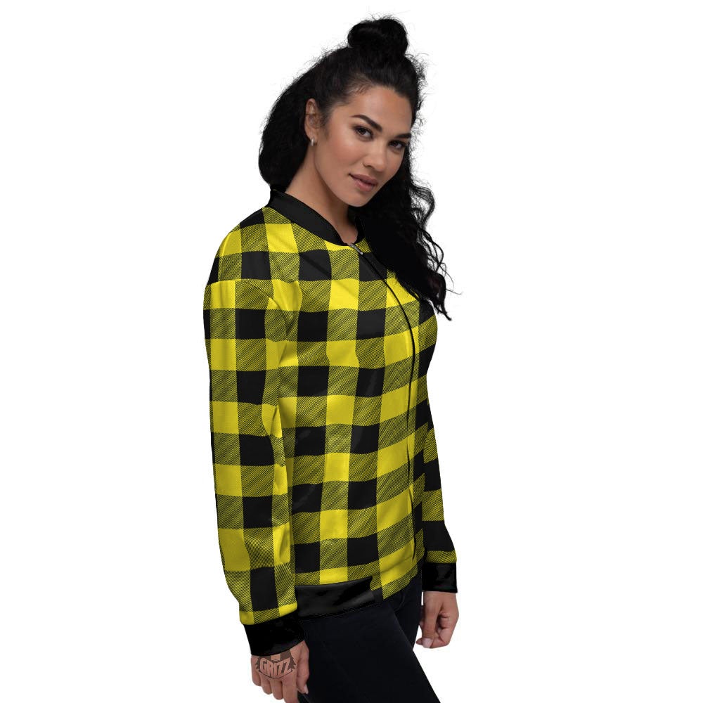 Buffalo Check Yellow And Black Print Pattern Women's Bomber Jacket-grizzshop