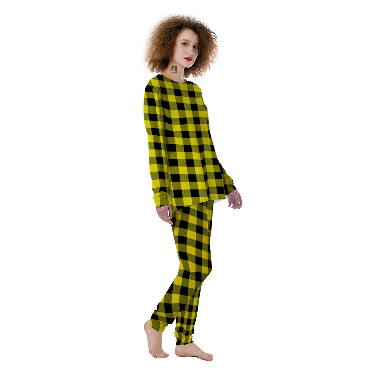 Buffalo Check Yellow And Black Print Pattern Women's Pajamas-grizzshop