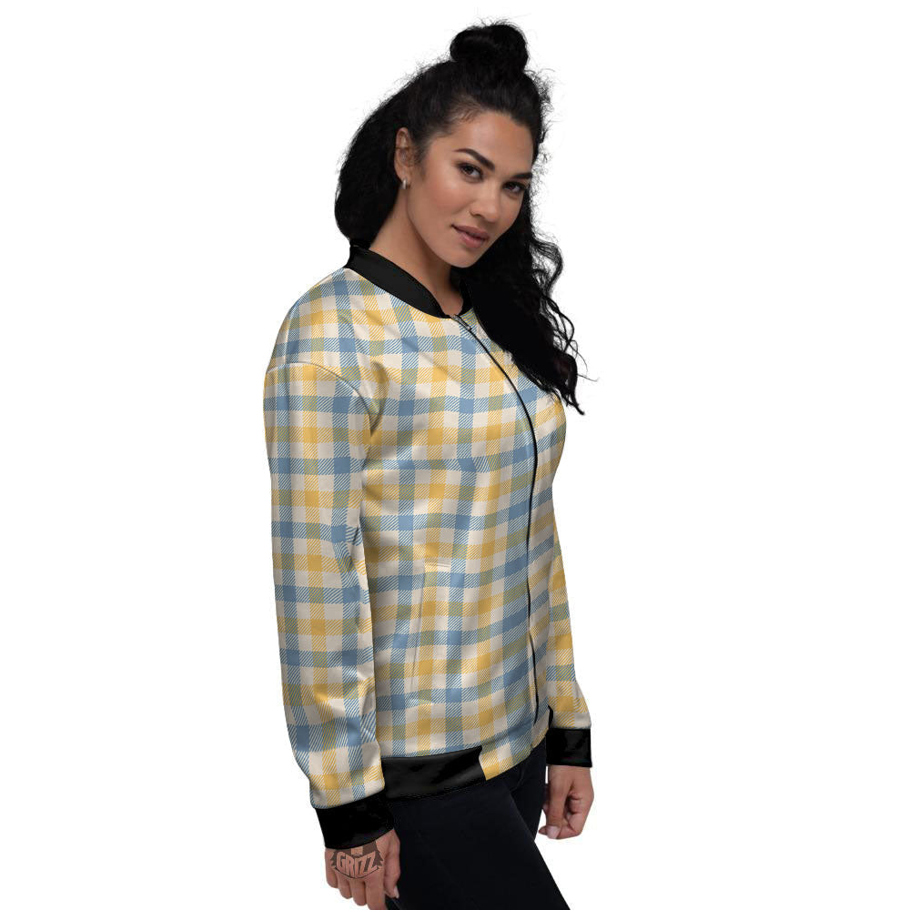 Buffalo Check Yellow And Blue Print Women's Bomber Jacket-grizzshop