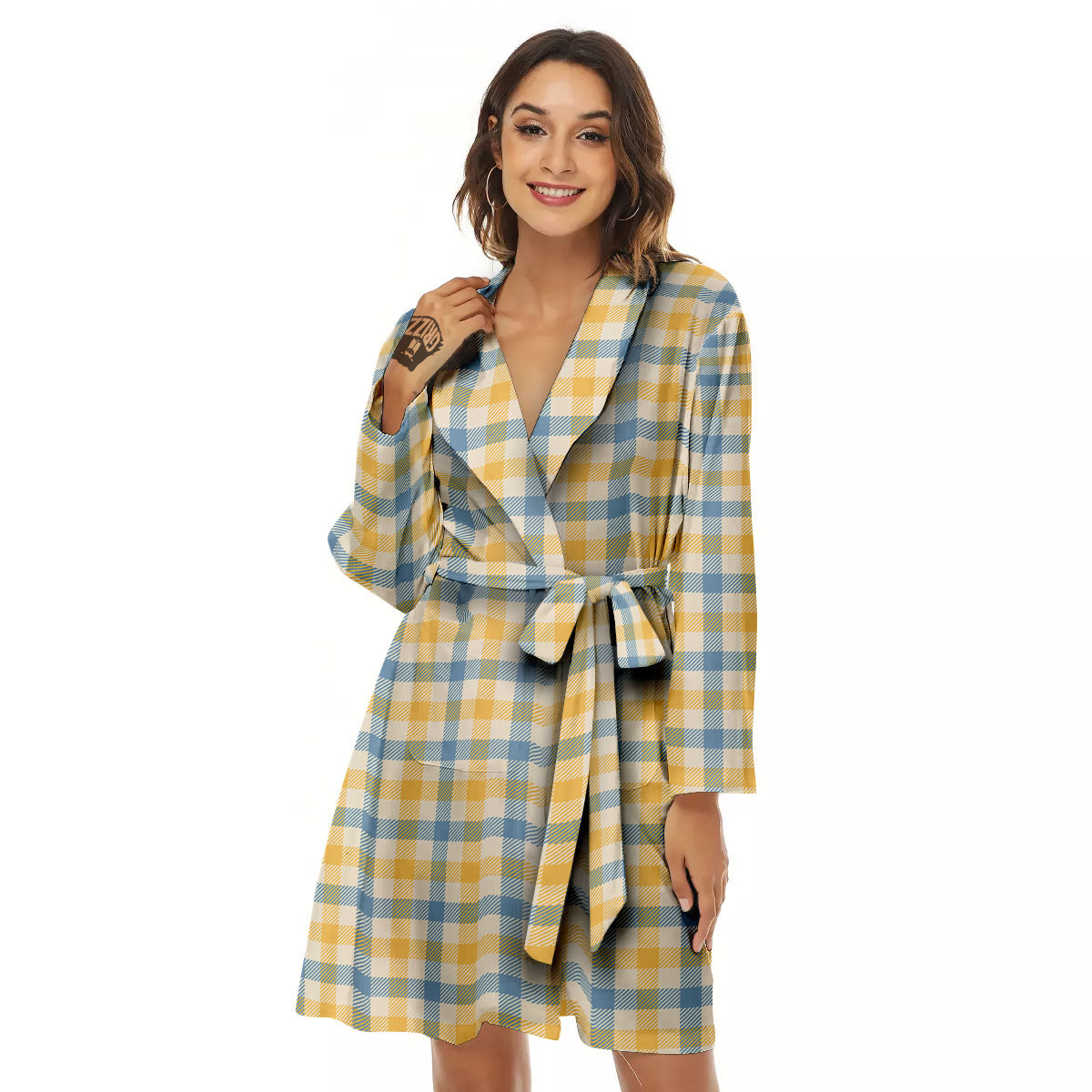 Buffalo Check Yellow And Blue Print Women's Robe-grizzshop
