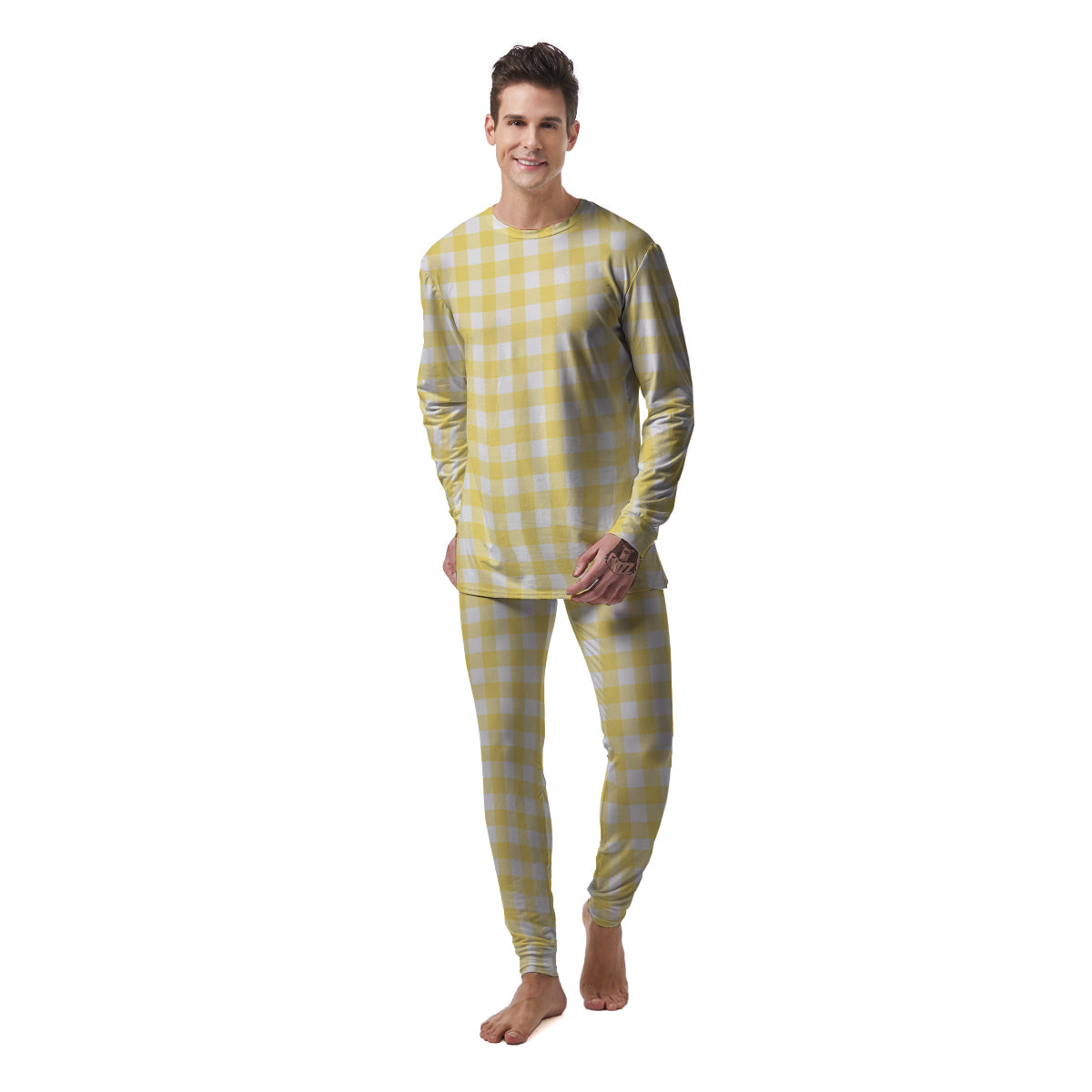 Buffalo Check Yellow And White Print Men's Pajamas-grizzshop