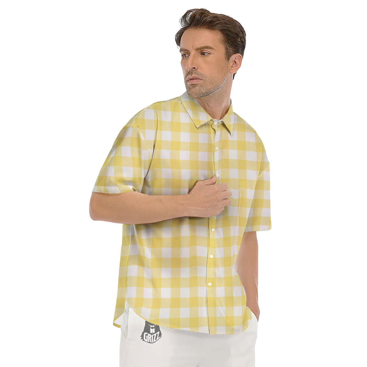 Buffalo Check Yellow And White Print Men's Short Sleeve Shirts-grizzshop