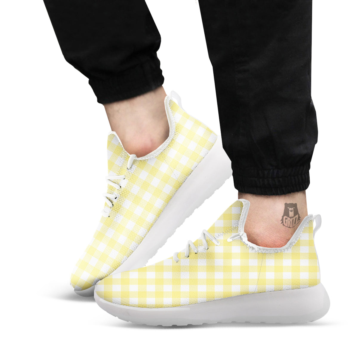 Buffalo Check Yellow And White Print White Athletic Shoes-grizzshop