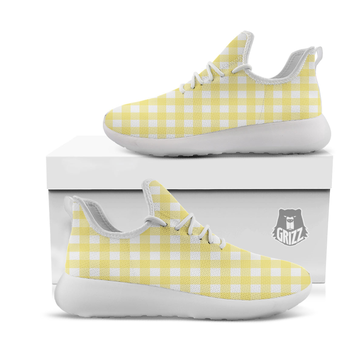 Buffalo Check Yellow And White Print White Athletic Shoes-grizzshop