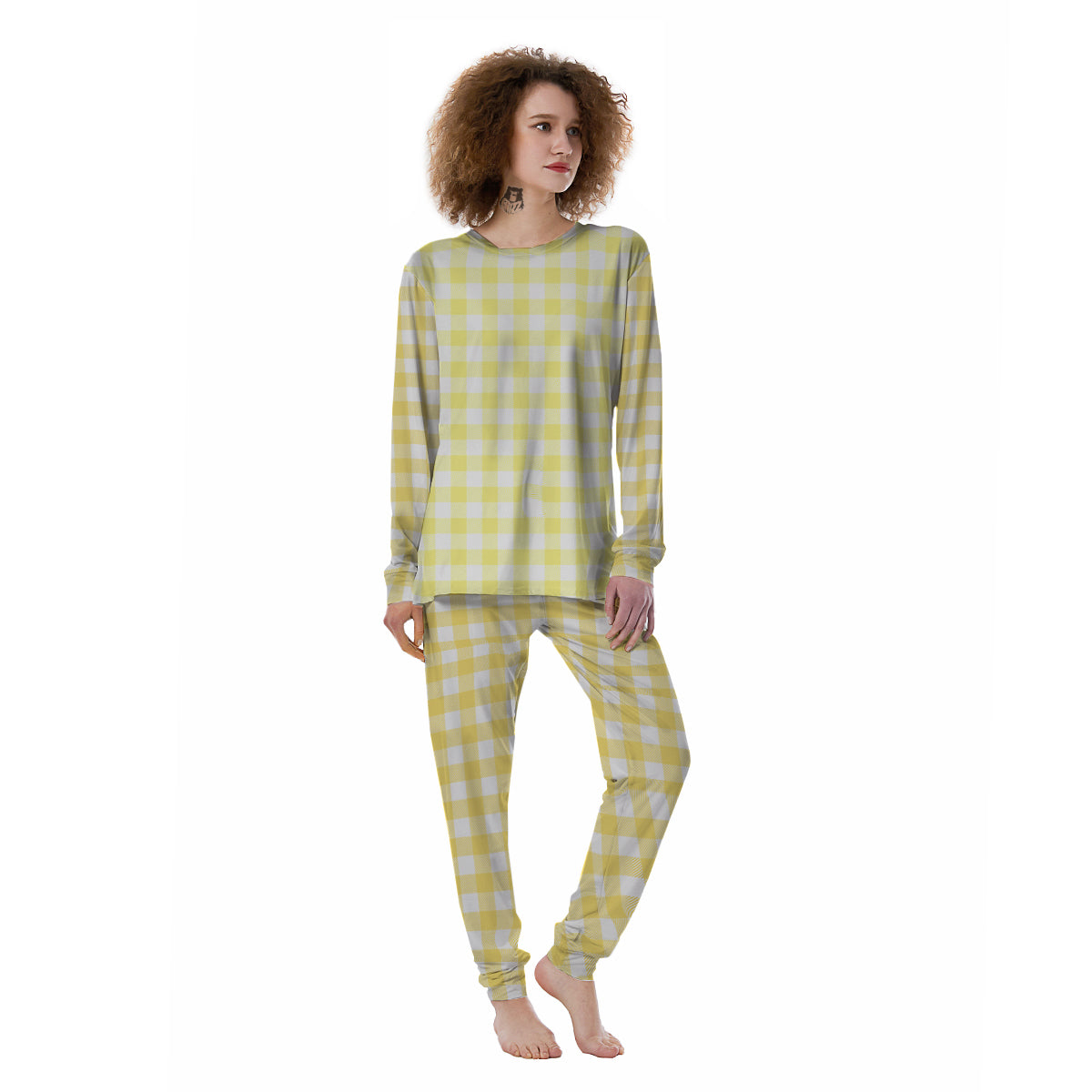 Buffalo Check Yellow And White Print Women's Pajamas-grizzshop