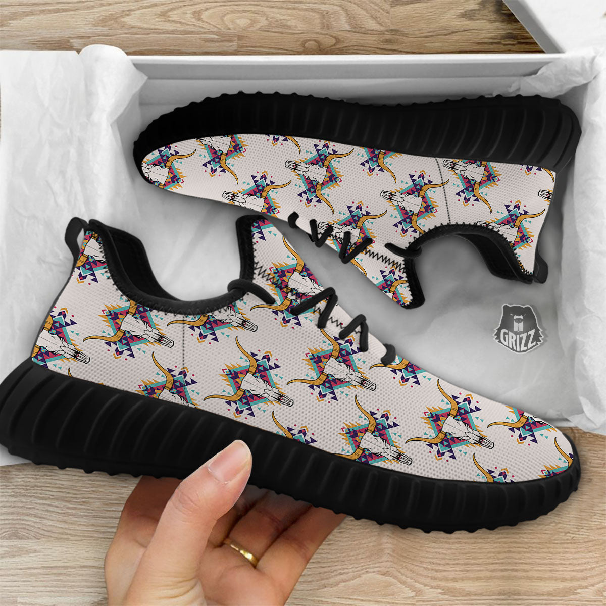 Buffalo Native Print Pattern Black Walking Shoes-grizzshop