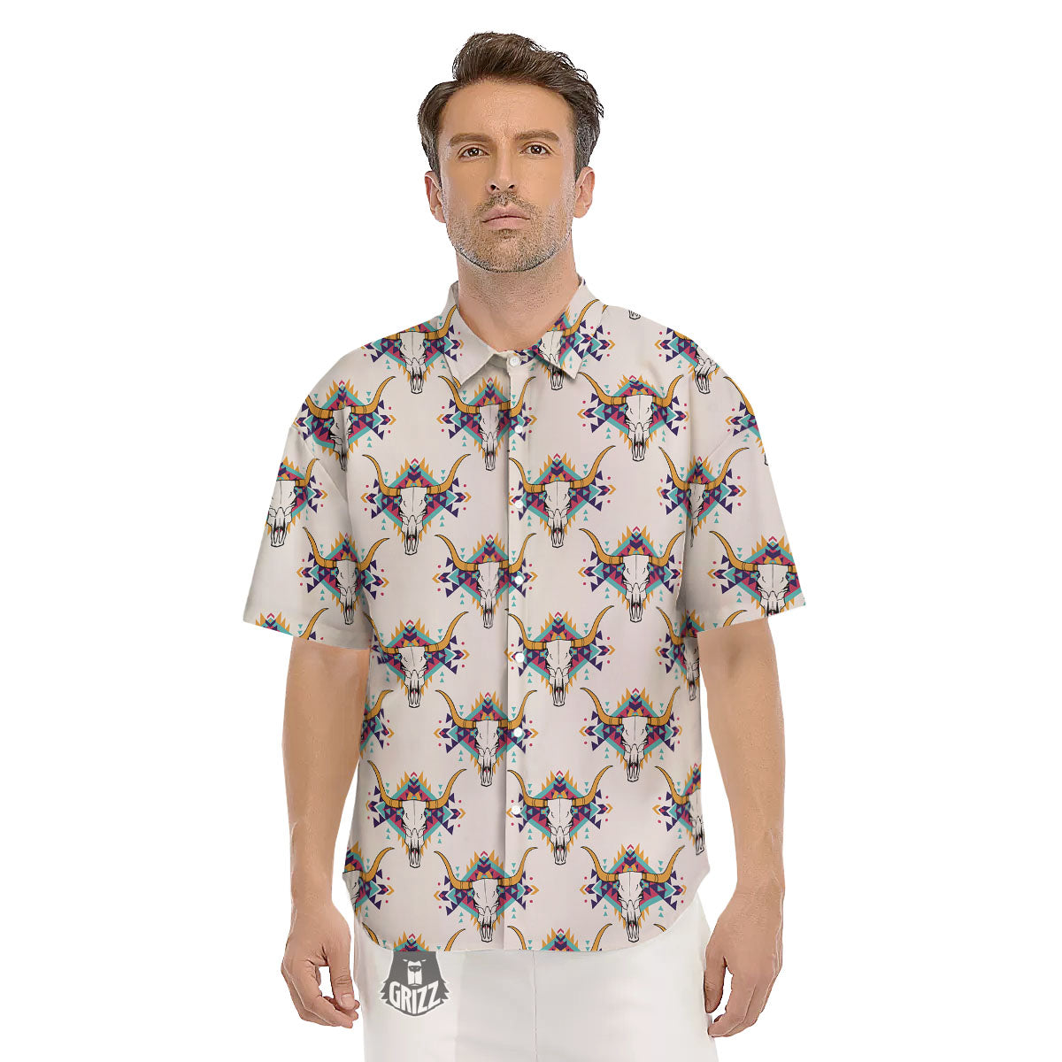 Buffalo Native Print Pattern Men's Short Sleeve Shirts-grizzshop