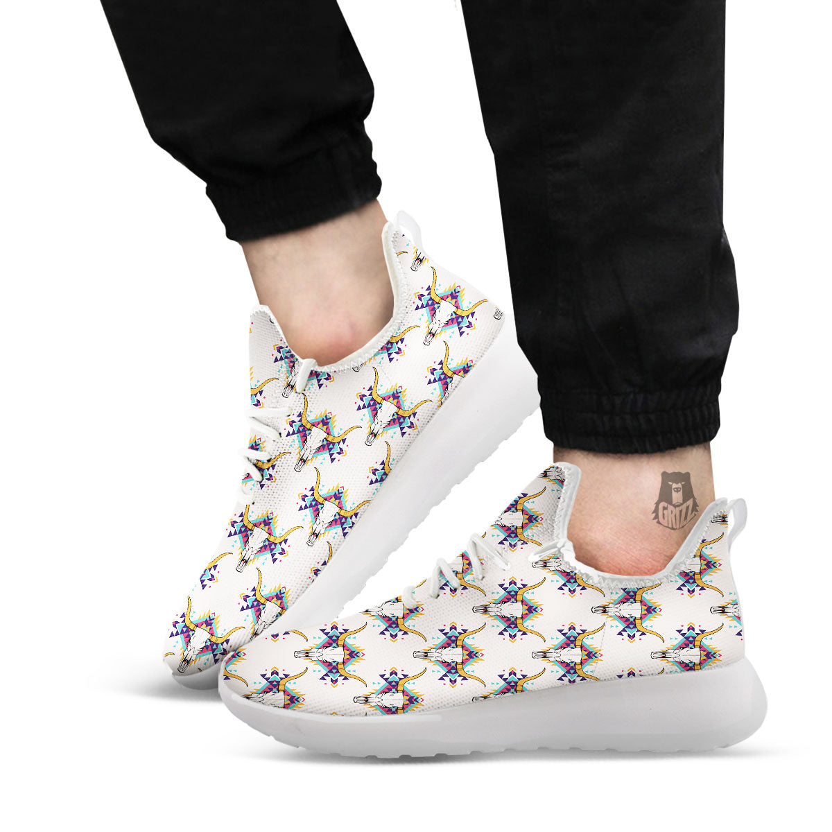 Buffalo Native Print Pattern White Athletic Shoes-grizzshop