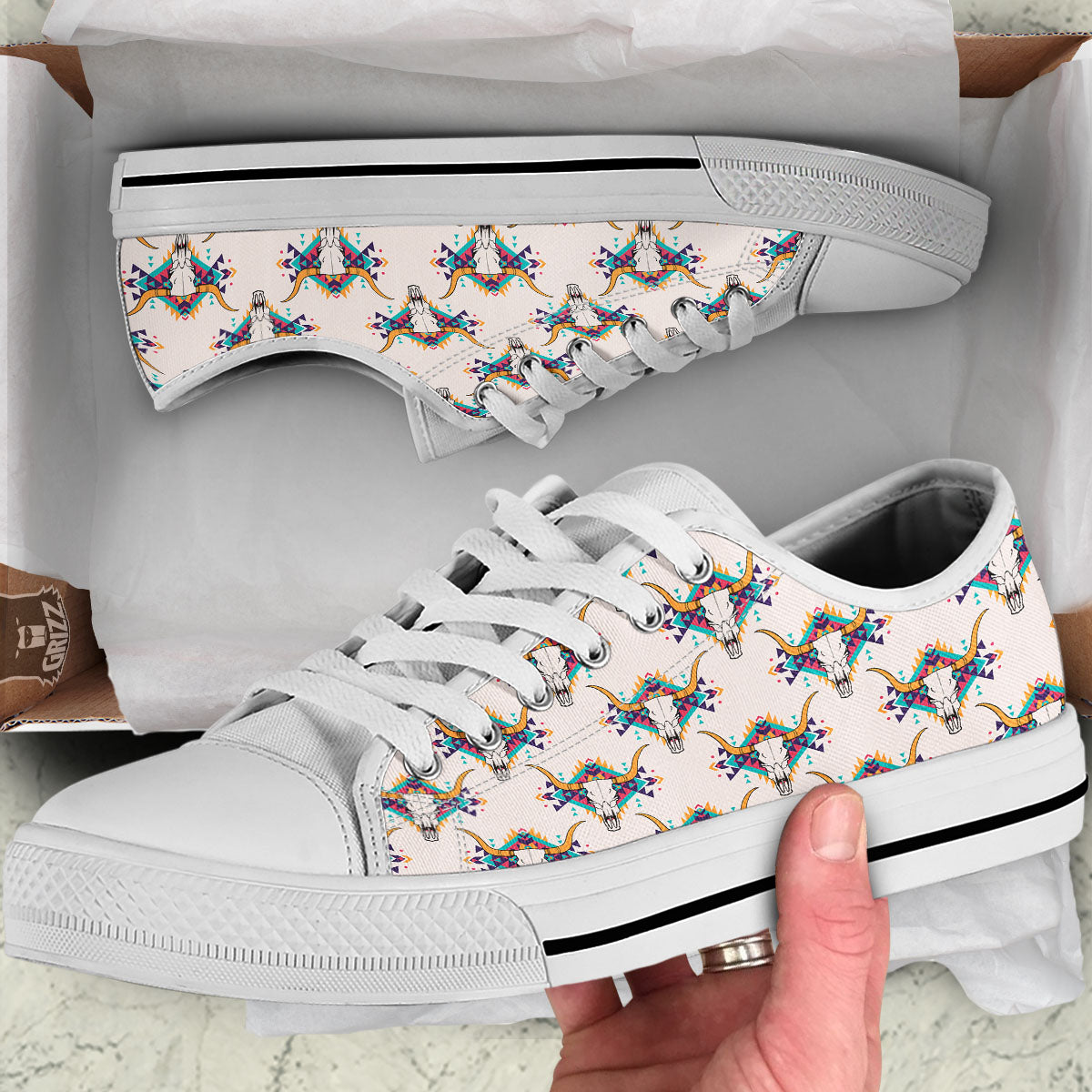 Buffalo Native Print Pattern White Low Top Shoes-grizzshop