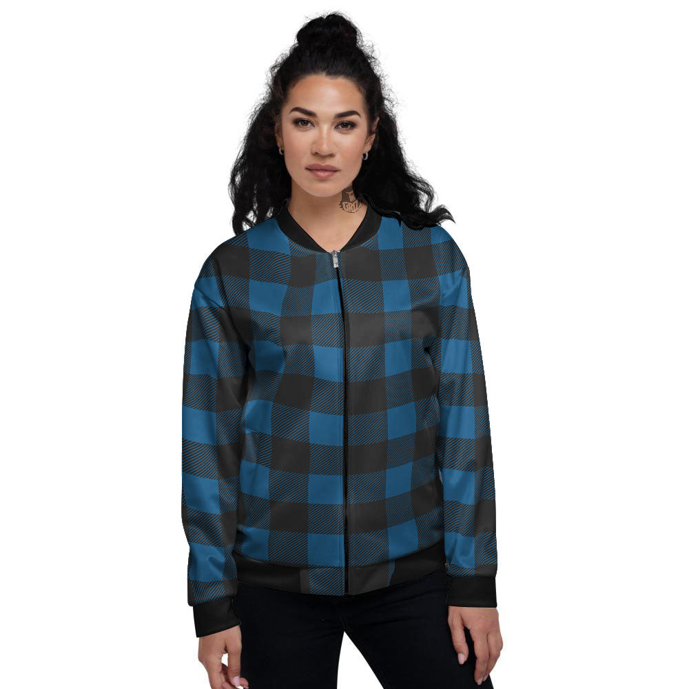 Buffalo Plaid Black And Blue Print Women's Bomber Jacket-grizzshop