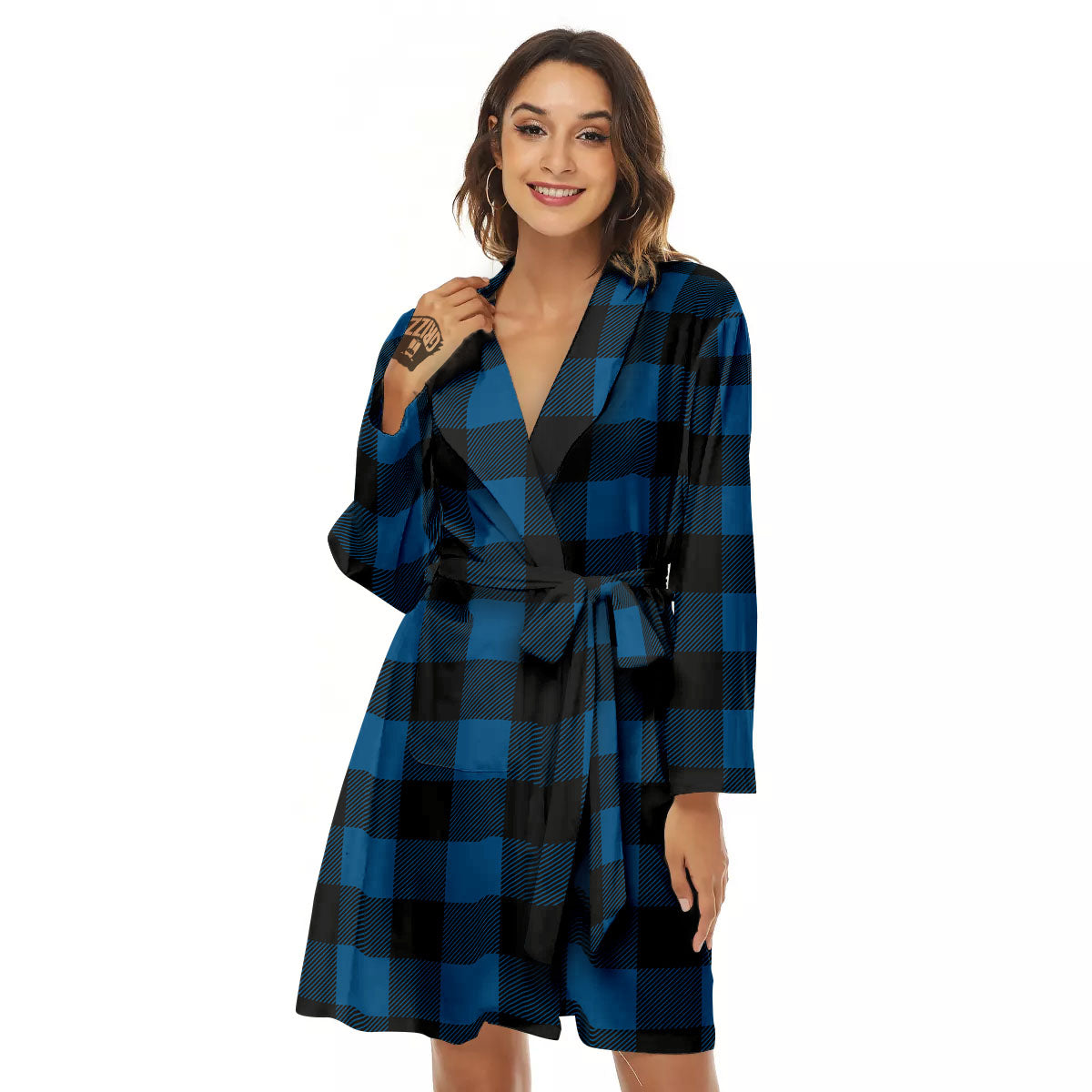 Buffalo Plaid Black And Blue Print Women's Robe-grizzshop